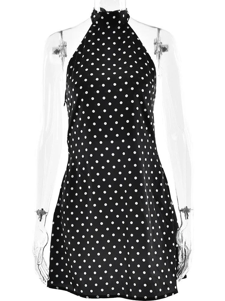 FDYOUI Woman Clothes Halter Sleeveless Polka Dot Satin Short Dress 2026 Summer Sexy Bandage Backless Mini Evening Party Dresses