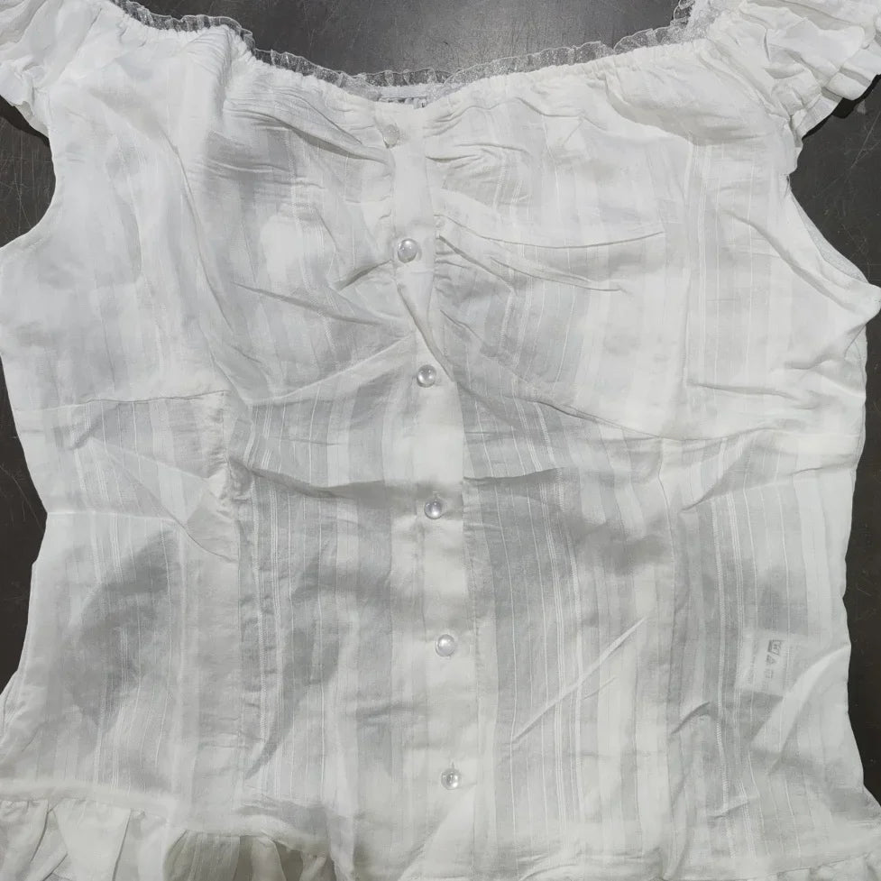 Phantasy Y2K Women Tops White Lace T-Shirt Button Tees Vintage French Style Tops 2025 Spring Summer Tops Female Streetwear