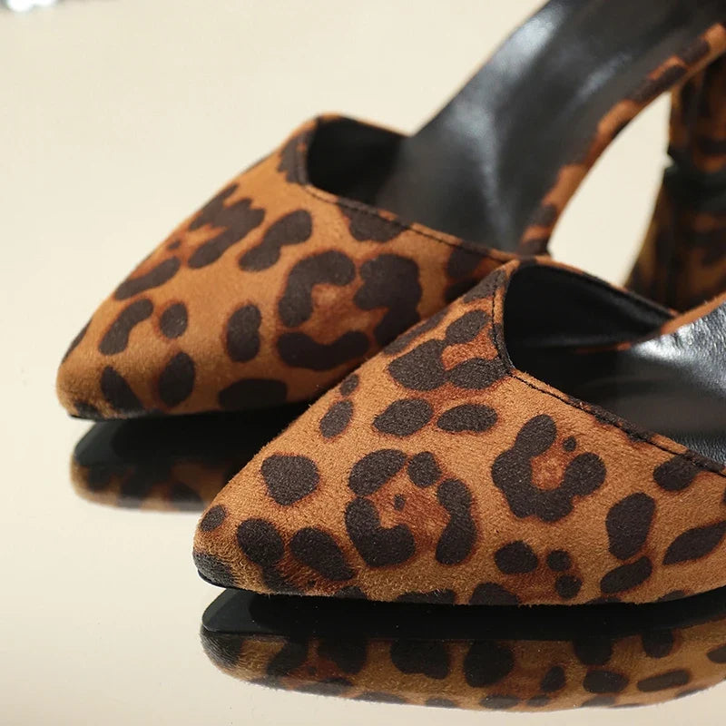 Fashion Leopard Print High Heels Sandals Women 2026 Plus Size 42 Ankle Buckle Pumps Woman Sexy Pointed Toe Party Shoes Ladies