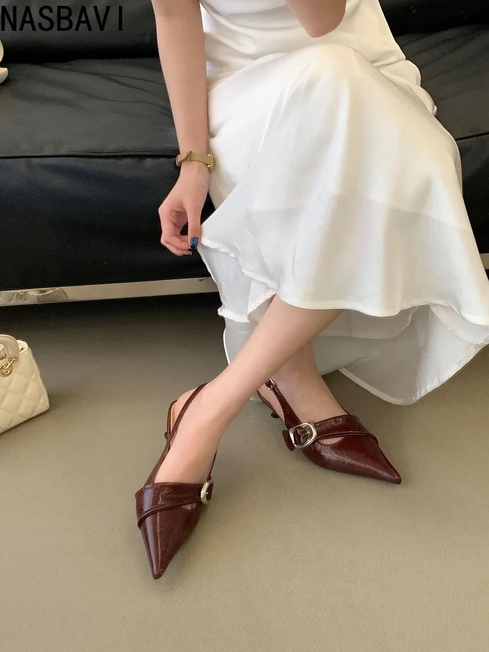 White Thin Heeled Sandals 2026 Women's Low-Heeled Shoes With Strap Brown Summer 2026 New Girls Fashion French OL Single Shoes