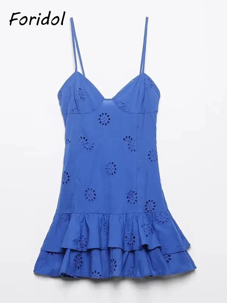 Foridol Lace Cotton Mini Summer Women Dress Sundress Party Solid Beach Zipper Smocked Short Party Sexy Vestidos Beach Robe