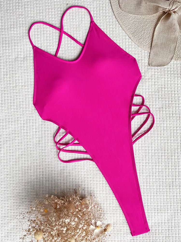 Sexy Extreme G String Thong Women Ribbed Swimwear One Piece Swimsuit Female Cross Backless Monokini High Cut Bathing Suit Swim