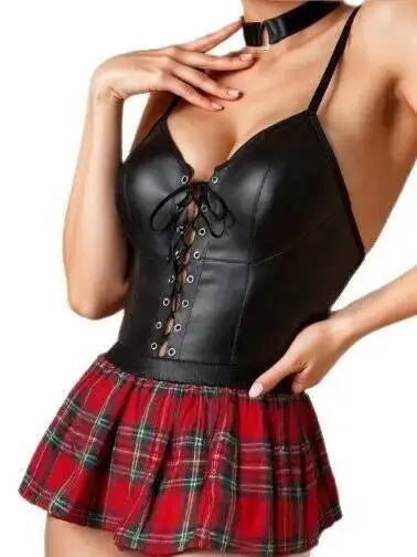 New Sexy Uniform Waist Protection Ultra Short Dress Sexy Black Leather Corset With Plaid Dress For Women Pure Desire Casaul CNI0