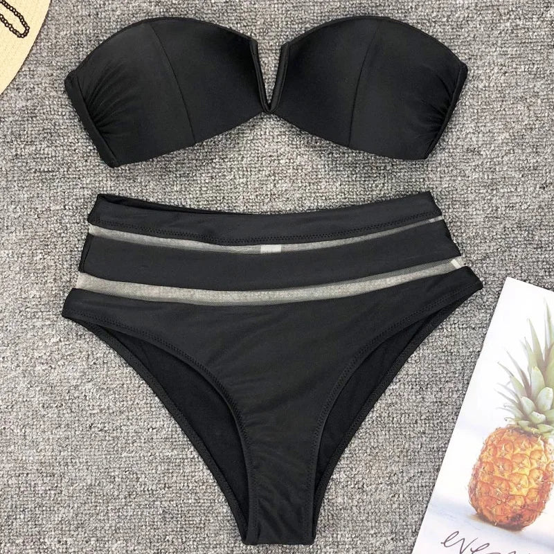V Shaped Bandeau High Waist Bikini Women Swimsuit Female Swimwear Two-pieces Bikini Set with Bra Cup Bathing Suit Swim Beachwear