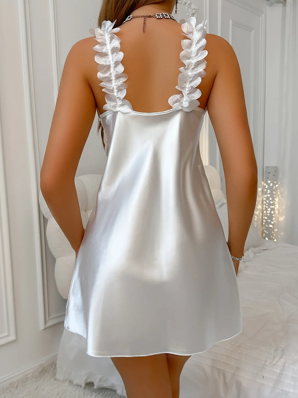 Summer Contrast Sensual Ice Silk Satin Nightdress for Women Deep V Backless Split Slip Nightgown Sleep Dress Pajamas