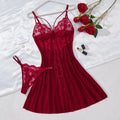 Lady's Wine-Red Rural-Style Wheat-Styled Embroidered Semi-Transparent Nightgown, Elegant and Comfortable, with Floral ZA825096