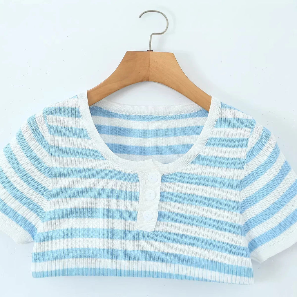Blue And White Striped Henley Neck Knit Top Casual Short Sleeve Ribbed T Shirt For Women Summer Daily Wear Casual Fashion VGK2