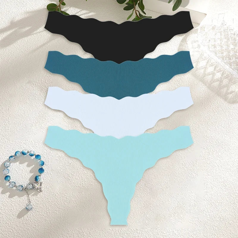 4Pcs Women Seamless Panties Wavy Design Ultra-thin Thongs Women Ice Silk Underwear Sexy Panty Low Waist G-string Female Solid