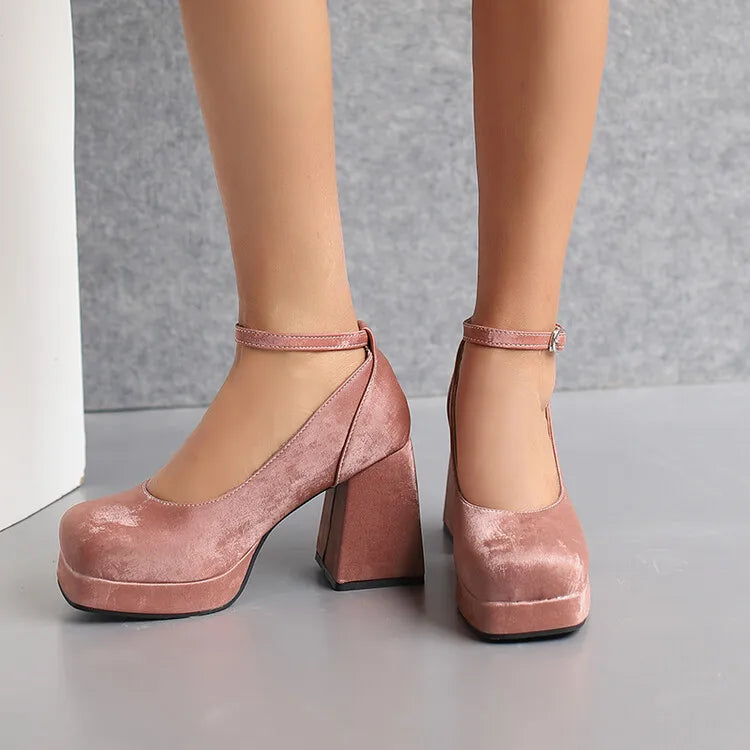 2026 Spring Style Suede Women's Thick-Soled High Heels with Ankle Buckles Women's High Heels Sizes 34 - 48