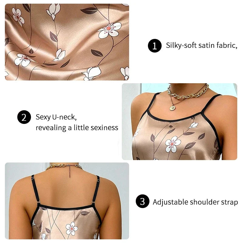Women's Sleepwear Summer Floral Print Satin Nightgown Casual Sleeveless Backless Slip Night Dress Sexy Nightdress Home Clothes