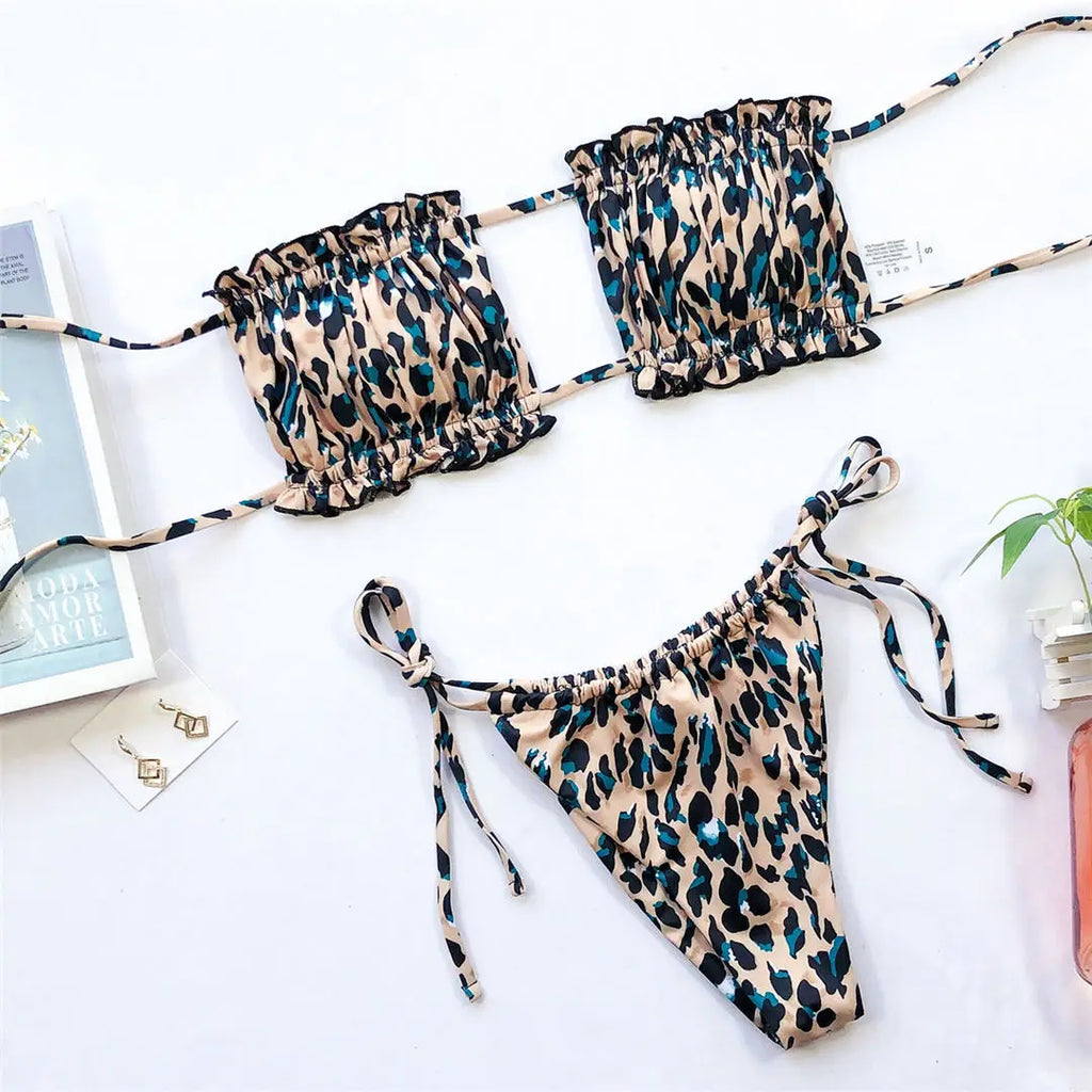 Sexy Pink Bandeau Frilled Bikini Swimsuit Female Swimwear Women Two-Pieces Bikini Set Bather Padded Bathing Suit Swim V1242B