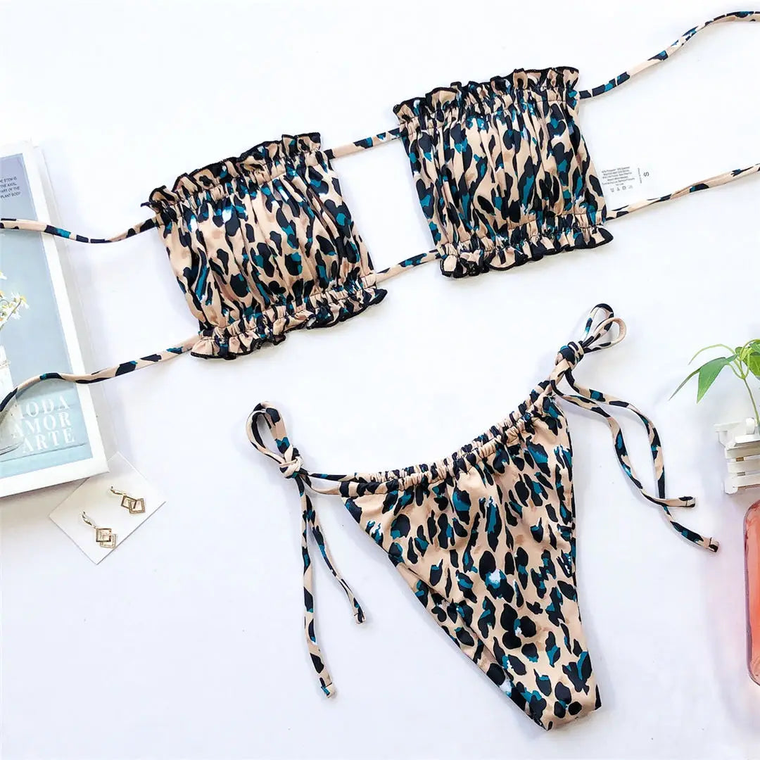 Sexy Pink Bandeau Frilled Bikini Swimsuit Female Swimwear Women Two-Pieces Bikini Set Bather Padded Bathing Suit Swim V1242B