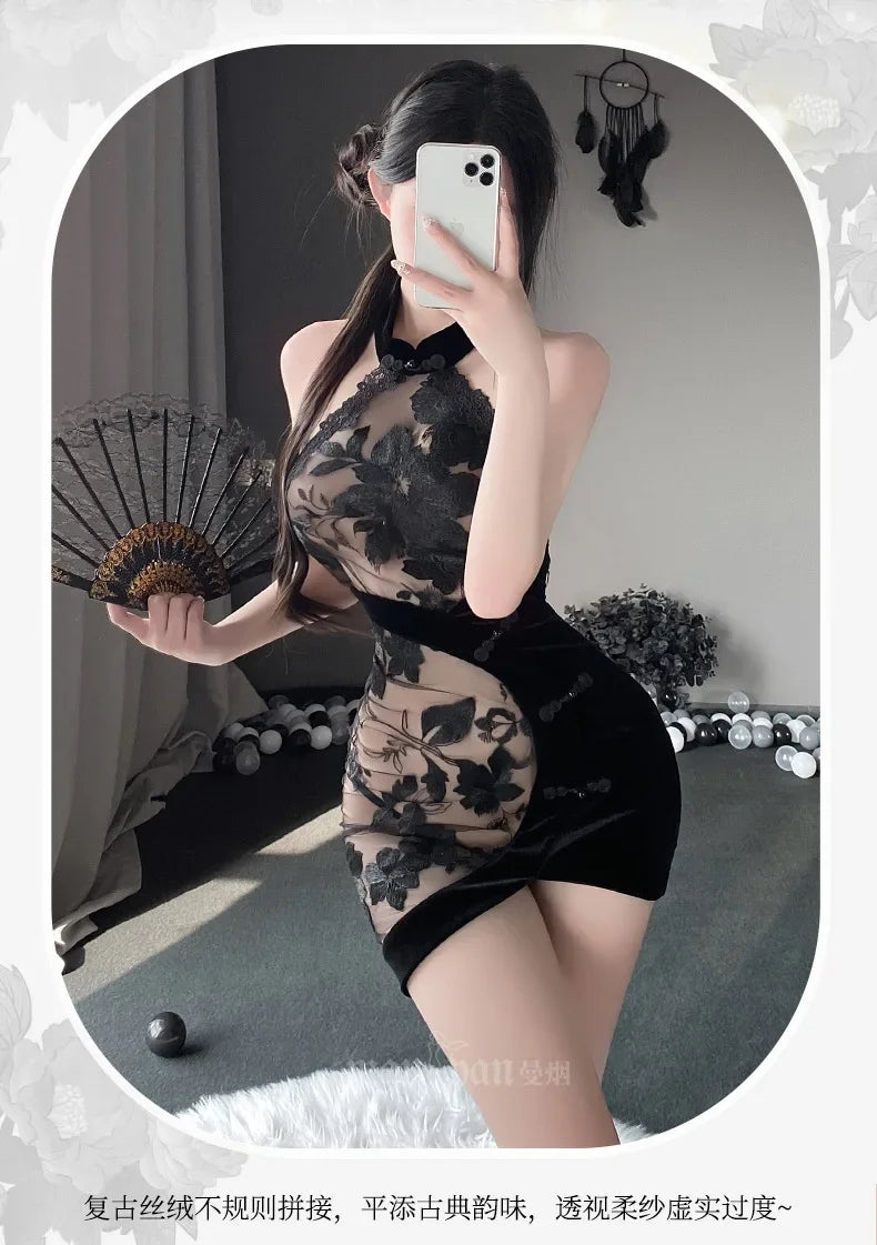 Chinese Traditional Lace Cheongsam Mini Dress Women Sexy Lingerie See-through Embroidery Halter Elegant Qipao Skirt