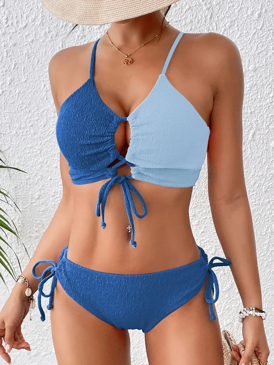 2026 Drawstring Triangle Bikini Women Sexy Color Block Swimwear Female Strappy Swimsuit Bathers Bathing Swimming Swim Suit