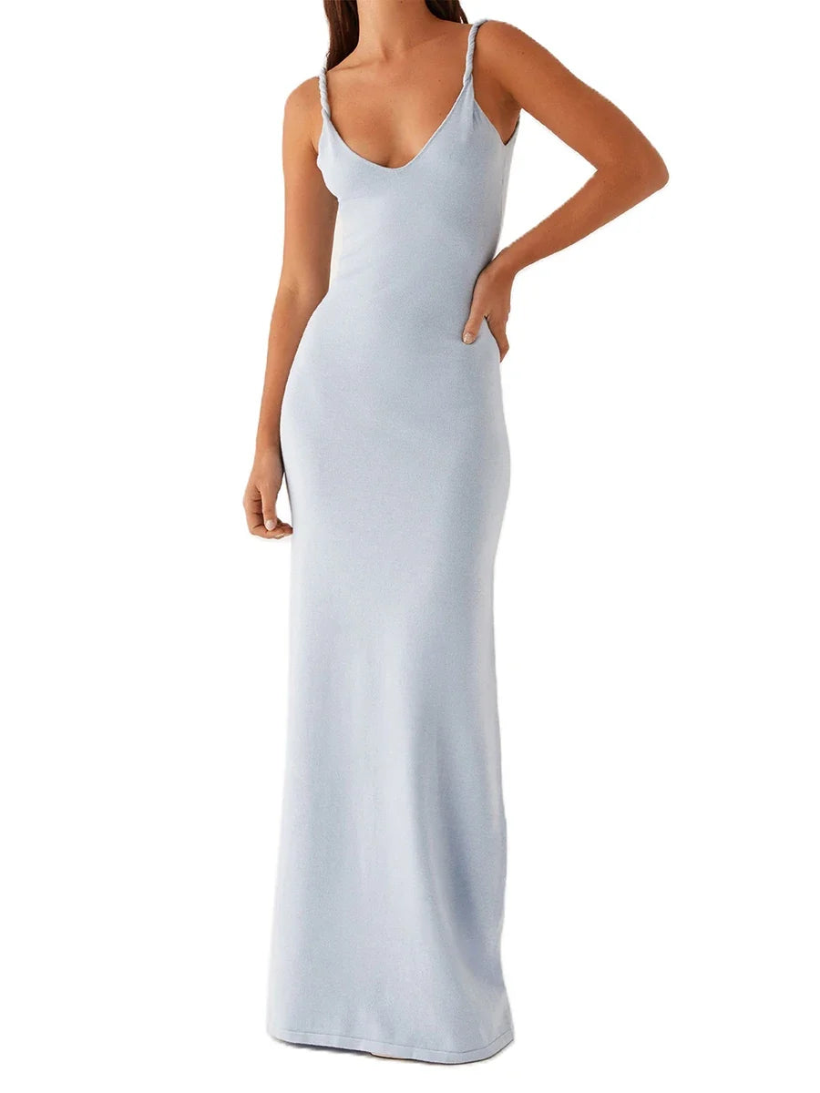 Women Sleeveless Summer Solid Color Twisted Straps Dresses V-Neck Backless Party Club Vacation Beach Long Dresses