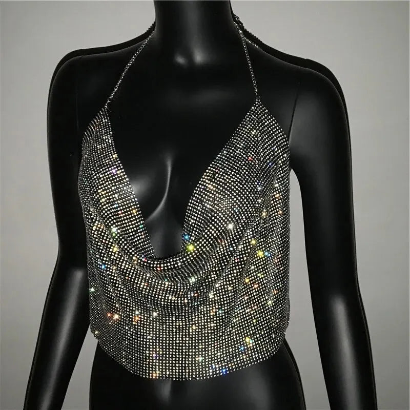 Festival Brilliant Rhinestone Backless Party Crop Top Women 2025 Summer Glitter Evening V Neck Diamonds Metal Tank Tops