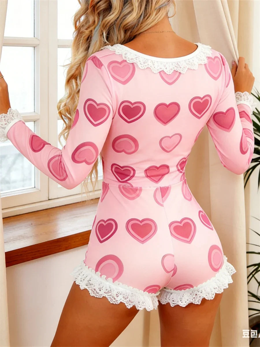Women's Valentine's Day Heart Print Pajamas Shorts Romper Long Sleeve V Neck Lace Trim Jumpsuit Sleepwear