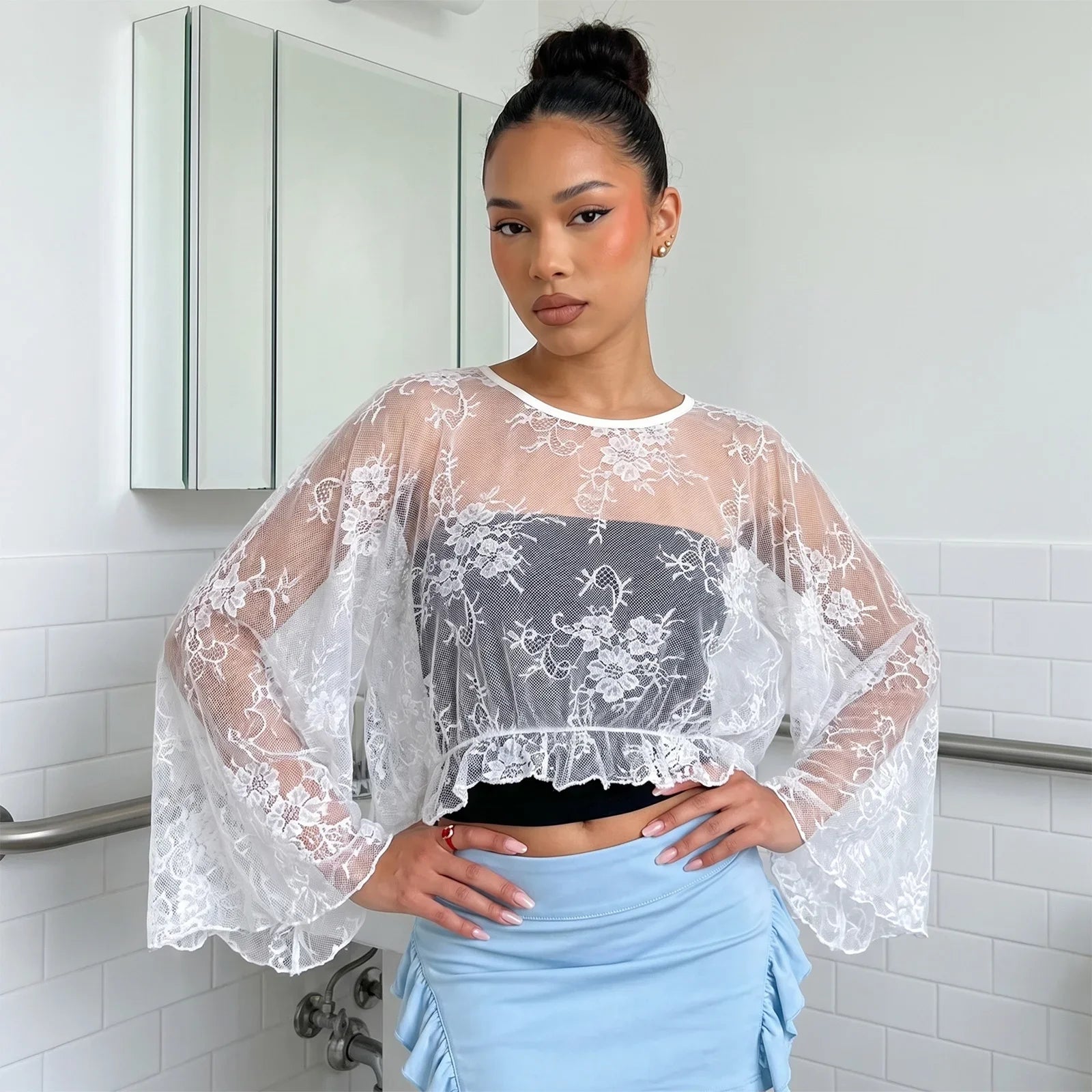 Women Solid Color Lace Tops Crew Neck Flower Cover-up Summer Sheer Tops Clubwear for Casual Daily