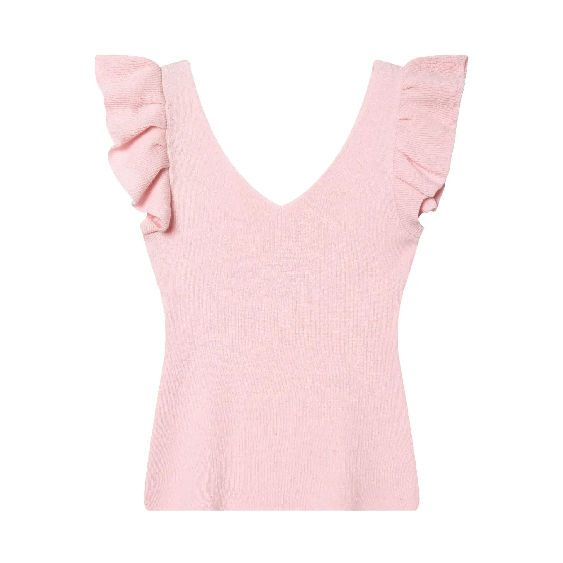 Fashionable Casual V-neck Flutter Sleeve Knit Top Women Ruffle Sleeve V Neck Knit Tank Top Sleeveless Slim Fit Casual Style C66D
