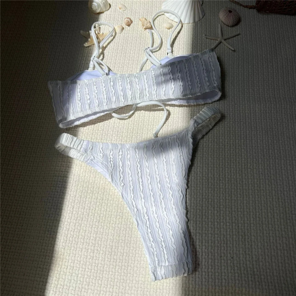 Wrinkled Crinkled Knotted Bikini Women Swimwear Female Swimsuit Two-Pieces Bikini Set Brazilian Bather Bathing Suit Swim V5709