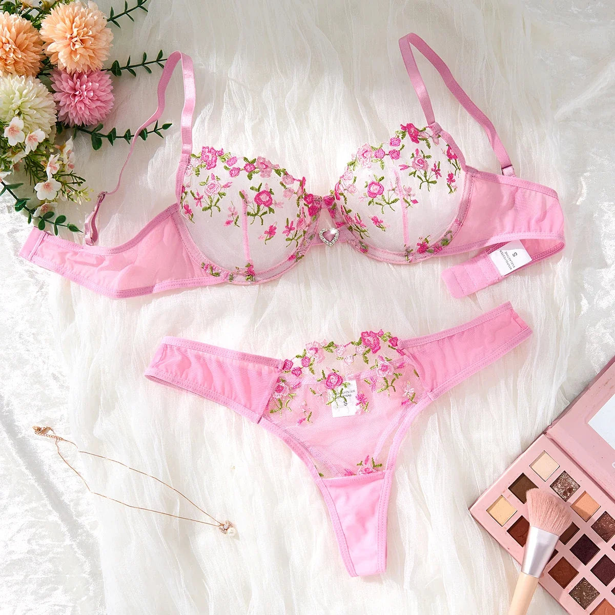 PINK embroidered floral lingerie set - a sexy bra and thong combination with heart-shaped decorations for ladies ZA824026