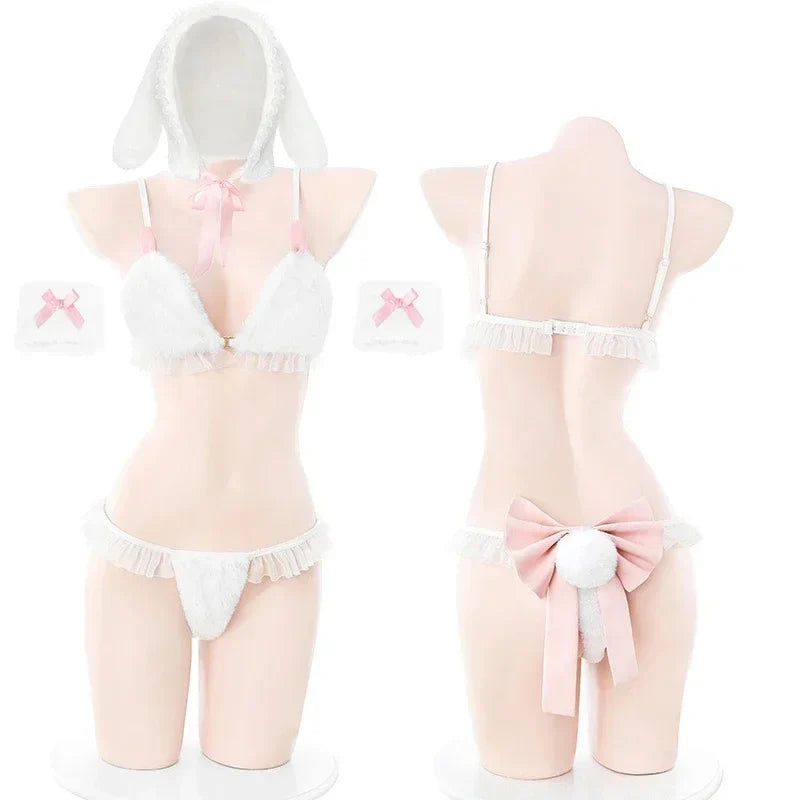 Bunny Girl Cosplay Sweater Underwear Women Sexy Lingerie White Plush Rabbit Ear Bra and Panties Suit Exotic Outfits Costumes