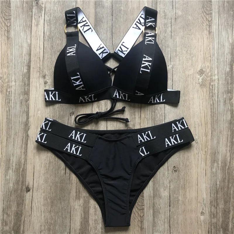 2026 Sexy Letter Print Bra Cup Bikini Women Swimsuit Female Swimwear Two Pieces Bikini Set Push Up Bathing Suit Swim Beach Wear