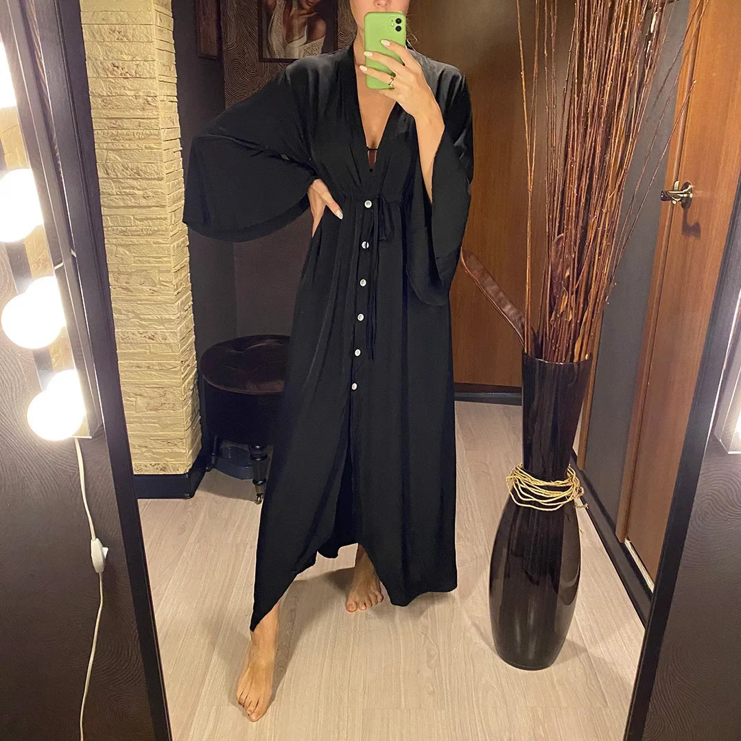 New Sexy Beach Long Maxi Dress Women Beach Cover Up Tunic Pareo White V Neck Dress Robe Swimwear Cover Up Bikini Beachwear V2623