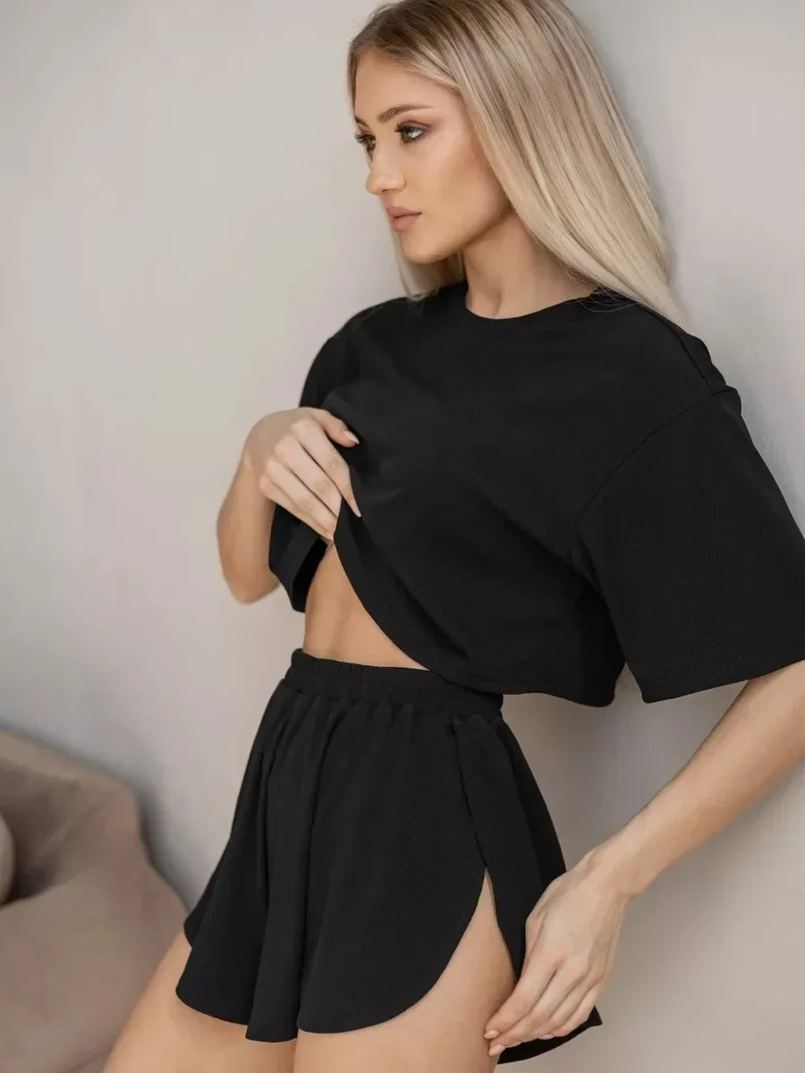 Summer 2 Pieces Pajama Sets for Women Sexy Sleepwear Black Crop Tops with Shorts Sets Underwear Loungewear Home Clothes