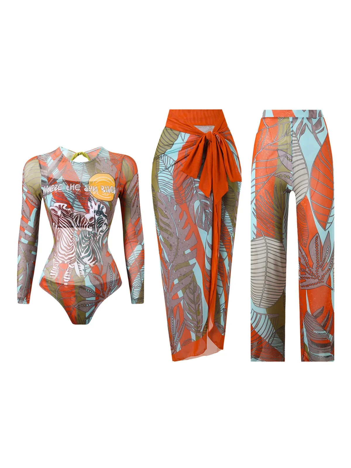 S - XXL 3PCS New Printed Long Sleeve With Pants Sarong Women Swimwear One Piece Swimsuit Female Bather Bathing Suit Swim K7180