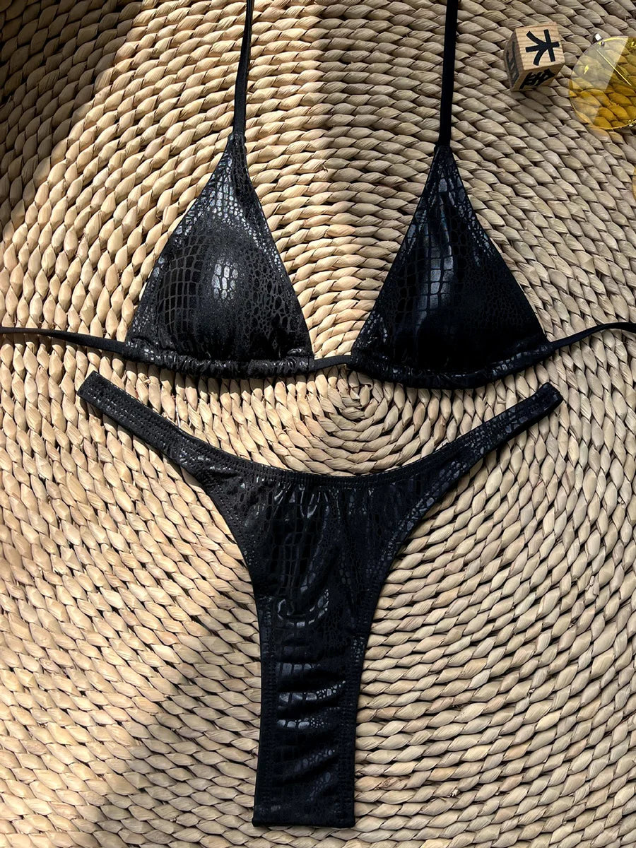 Halter Diamond Rhinestones Mini Thong Bikini Female Swimsuit Women Swimwear Two-pieces Bikini Set PU Leather Bathing Suit Swim