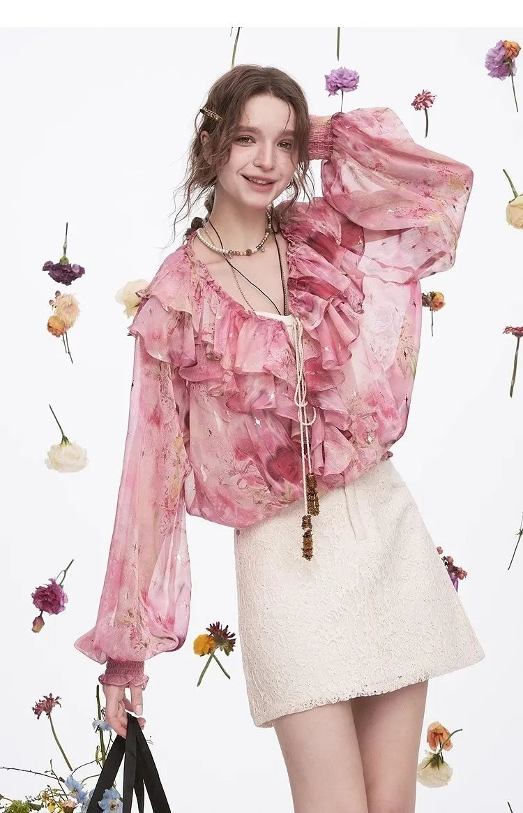 Ladies French ruffled chiffon shirt spring new temperament top