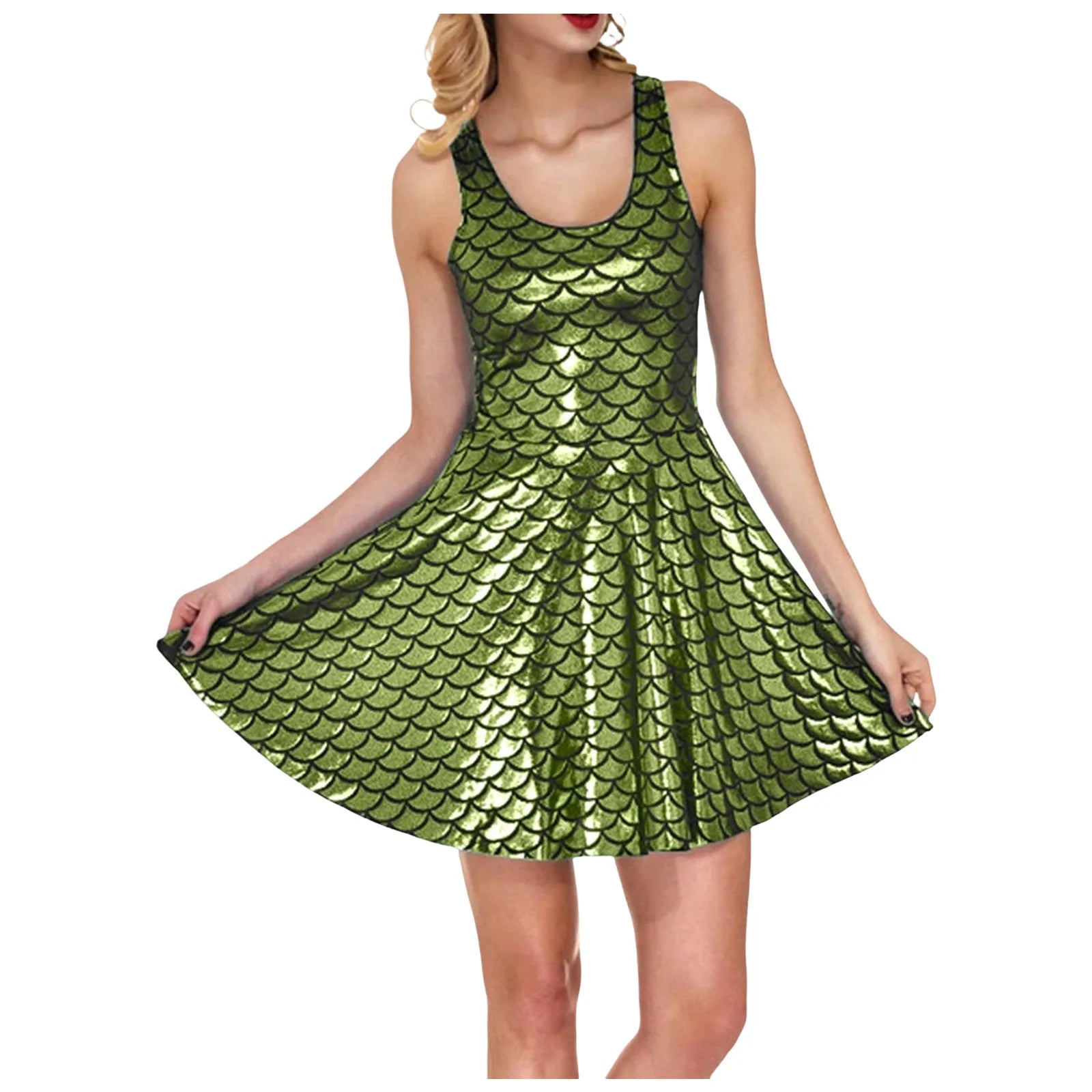 Cocktail Dress Womens Glitter Costume Party Dresses Swing A Line Metallic Shiny Festival Outfit Cosplay Fish Scale Vestidos