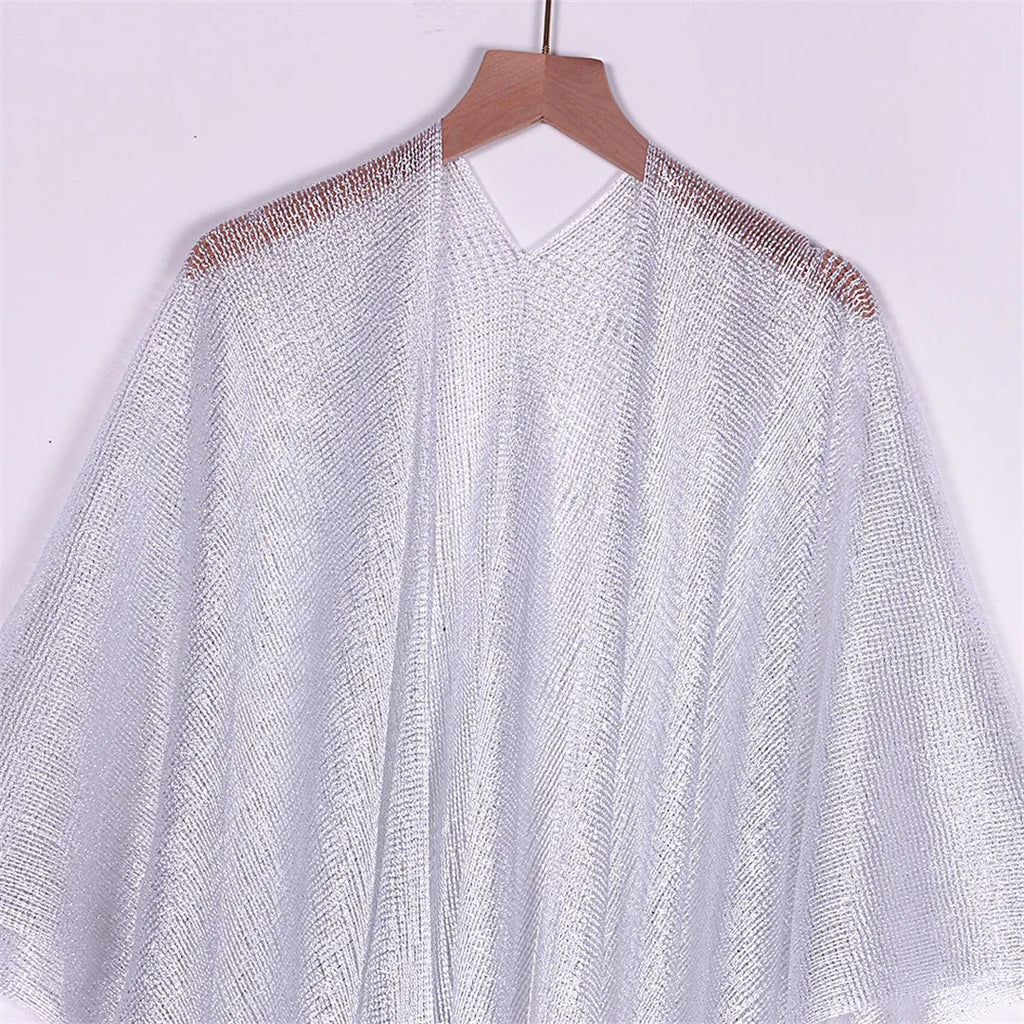 Sexy Fringe Tassel Mesh Sheer Shiny Knitted Tunic Beach Cover Up Cover-ups Beach Dress Beach Wear Beachwear Female Women V3321