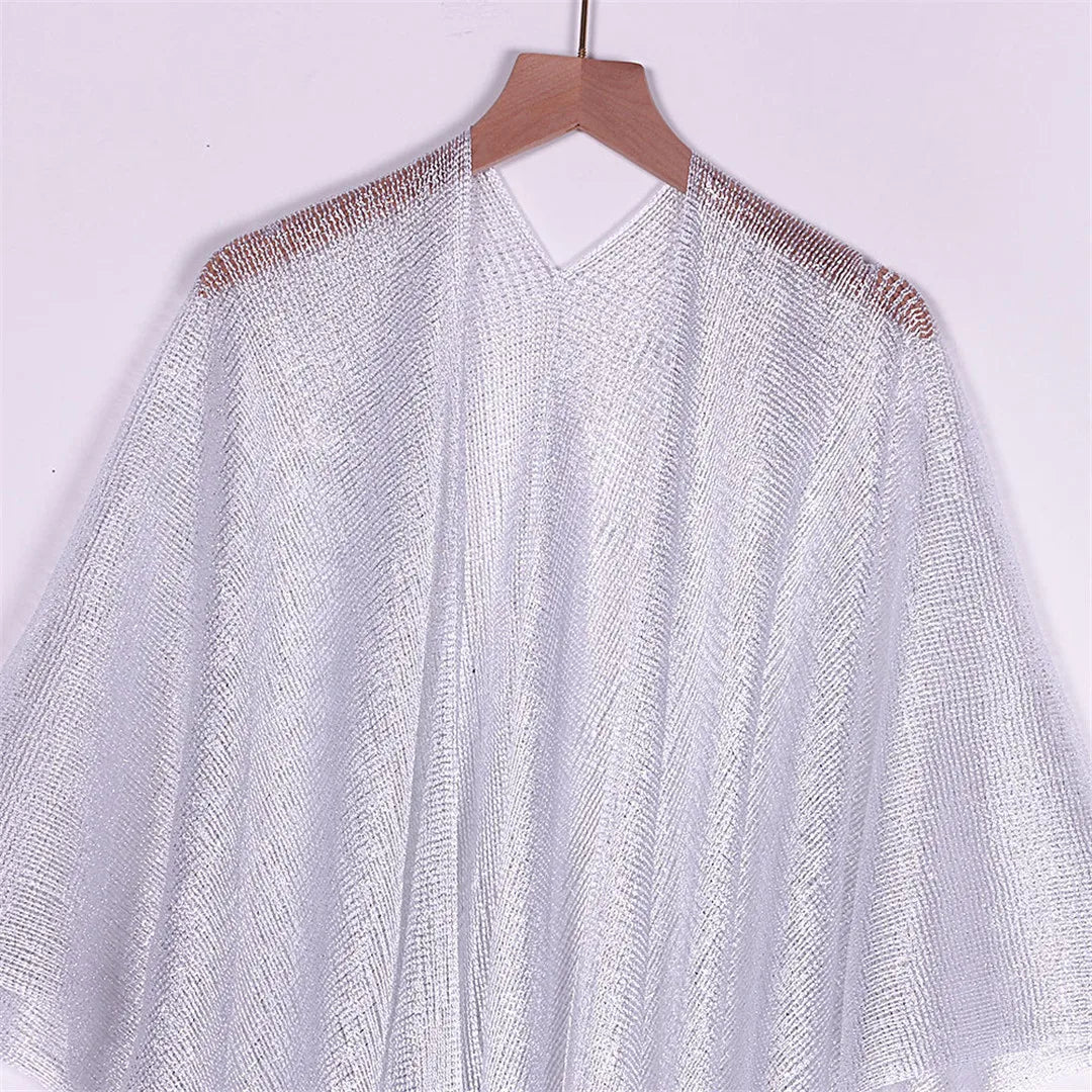 Sexy Fringe Tassel Mesh Sheer Shiny Knitted Tunic Beach Cover Up Cover-ups Beach Dress Beach Wear Beachwear Female Women V3321