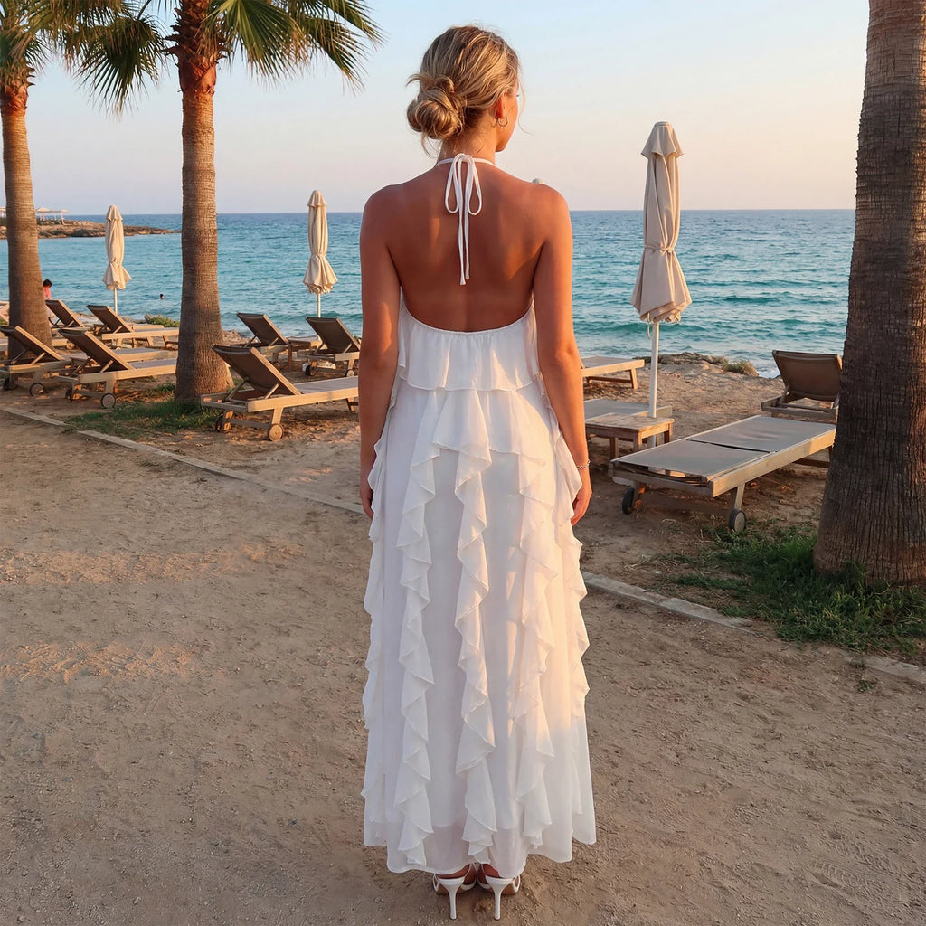 Women Fashionable Backless Sleeveless Ruffle Dresses Summer Holiday Beach  Solid Color Halter Long Dress