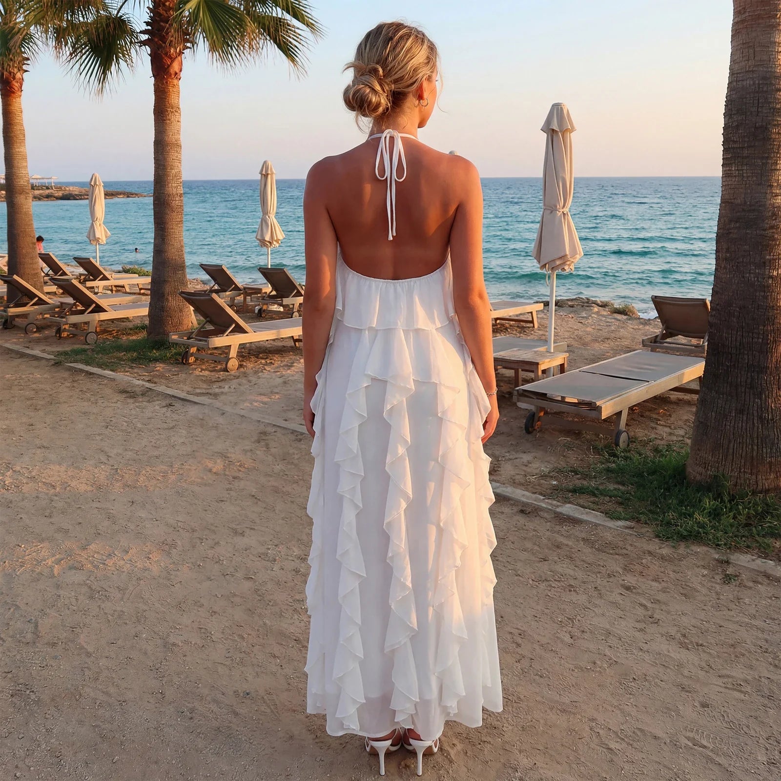 Women Fashionable Backless Sleeveless Ruffle Dresses Summer Holiday Beach  Solid Color Halter Long Dress