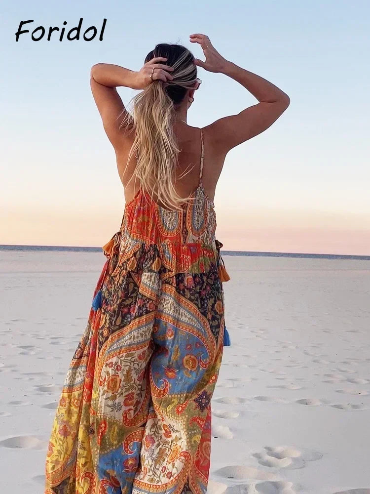 Paisley Print Bohemian Wide Leg Long Pants Jumpsuit Women Summer New Overalls Spaghetti Strap Loose Casual Boho Jumpsuit Tassel