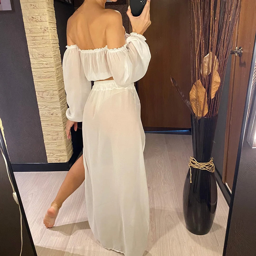 2026 Leopard Off Shoulder Long Sleeve 2 Pieces Set Beach Cover Up Cover-ups Beach Dress Beach Wear Beachwear Female Women V3728