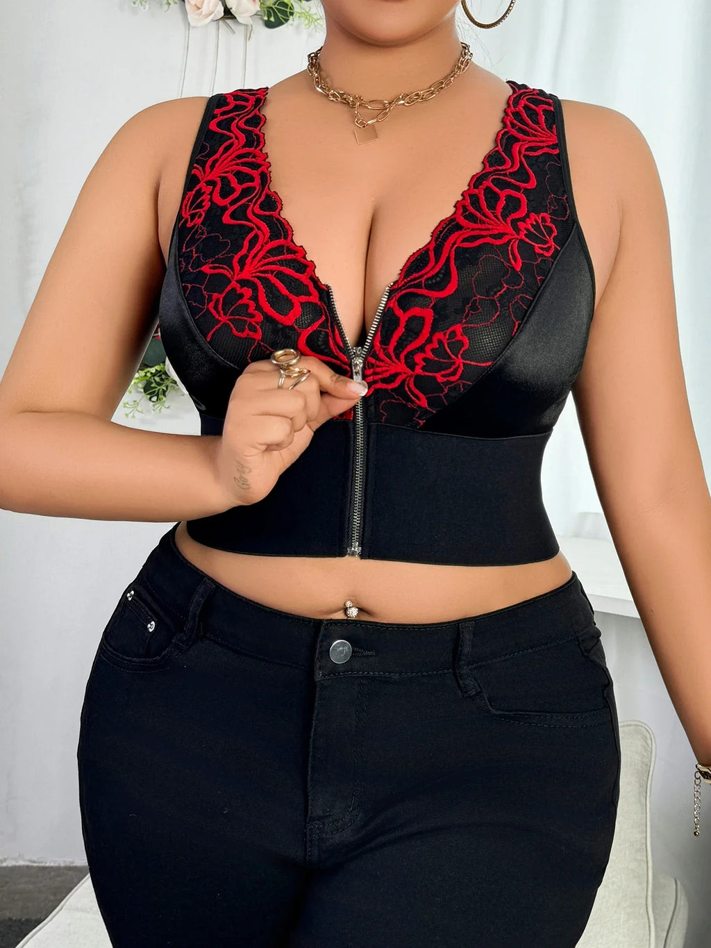 Plus Size Baddie Lingerie Set, Embroidered Zipper Front Deep V Wireless Push-up Bra