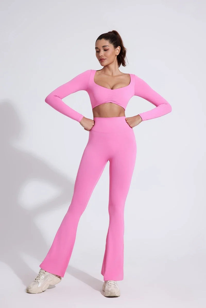DIAS FIT JOY Women's pocket bell bottoms yoga high waisted hip lifting fitness pants quick drying running exercise fitness gym