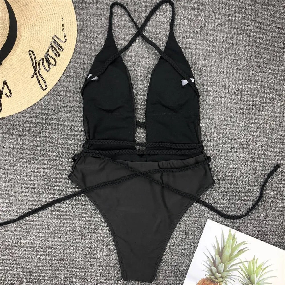 Sexy Deep V Neck Wrap Around Female Swimwear One Piece Swimsuit Women Backless Monokini High Leg Cut Bathing Suit Swim Beachwear
