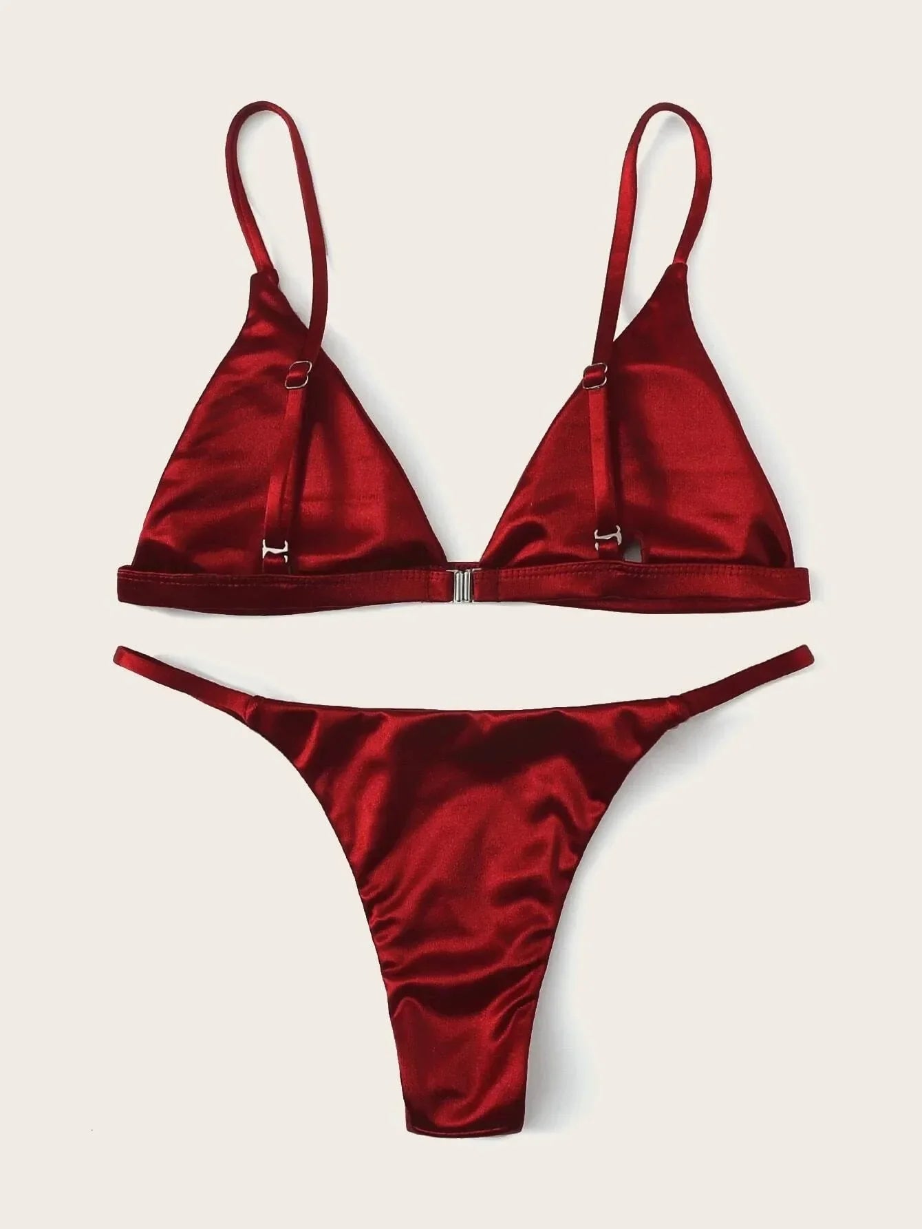 Sexy Satin Wine Red Triangle Micro Bikini Sets Two Pieces Thong Swimsuit Swimwear Beach Outfits for Women Conjunto De Bikini