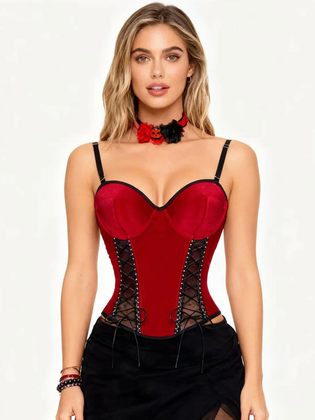Christmas Red Black Lace Fishnet Boned Bodysuit, Sexy Push Up Corset Shapewear with Side Smoothing, Tummy Control Lingerie
