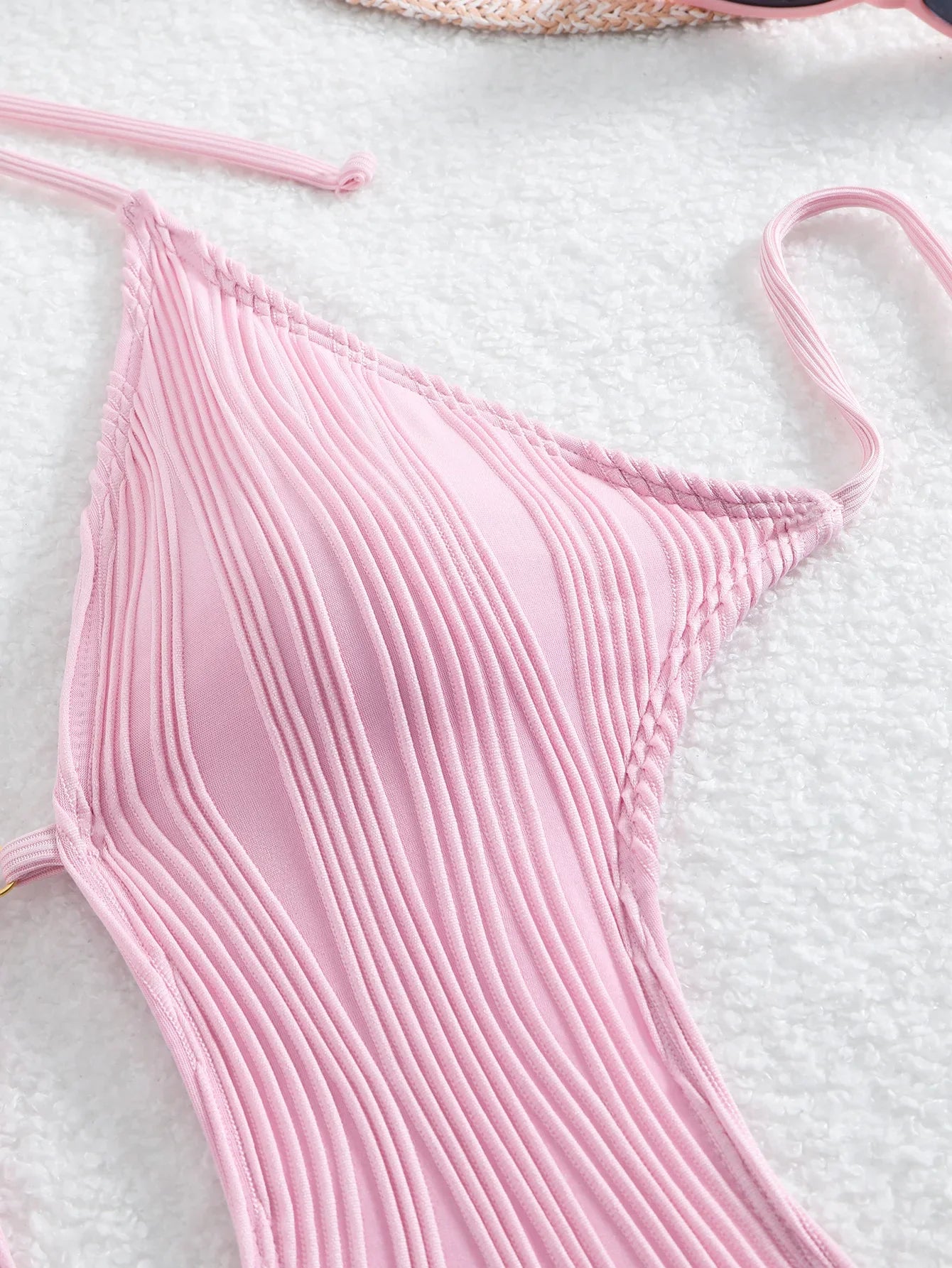S - XXL Halter V Neck Wrinkled Female Swimwear One Piece Swimsuit Women Backless Monokini High Cut Bathing Suit Swim Beach Wear