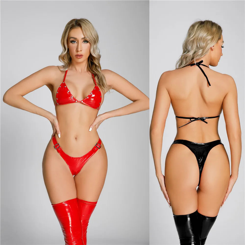 Sexy Women Wetlook PU Faux Leather Bikini Set Bra Short Suit PVC Latex Shiny Set Suit Oil Glossy Bandage High Cut Thong Clubwear