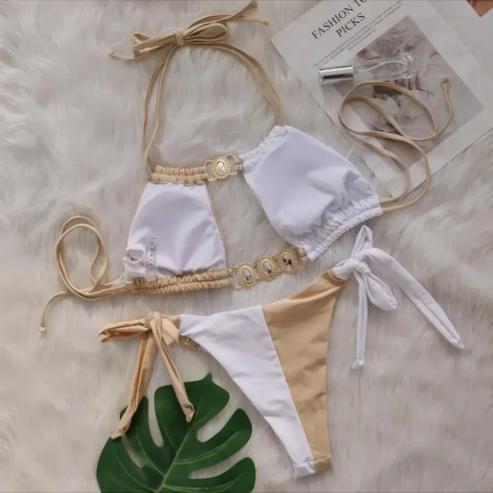 Splicing Halter Jewelled Diamond Bikini 2025 Women Swimsuit Female Swimwear Two Pieces Bikini Set Hollow Out Bathing Suit Swim