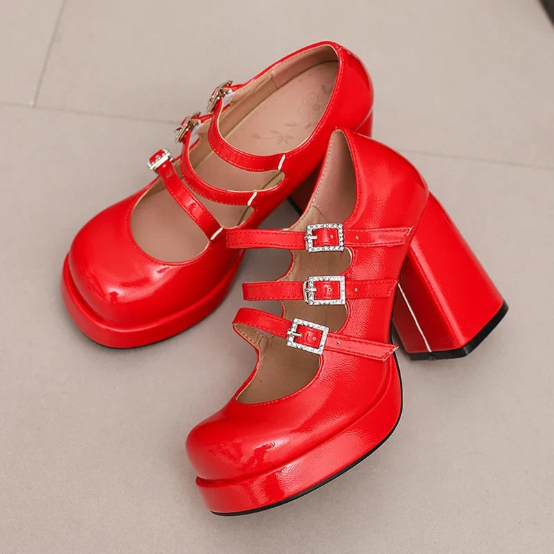 Plus Size Women Red Patent Leather Platform Mary Jane Shoes 3 Rhinestone Buckle Straps Chunky Block  Y2K Lolita Party Pumps