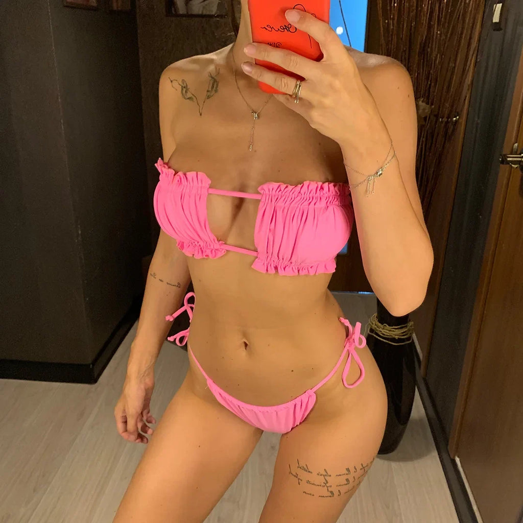 Sexy Pink Bandeau Frilled Bikini Swimsuit Female Swimwear Women Two-Pieces Bikini Set Bather Padded Bathing Suit Swim V1242B
