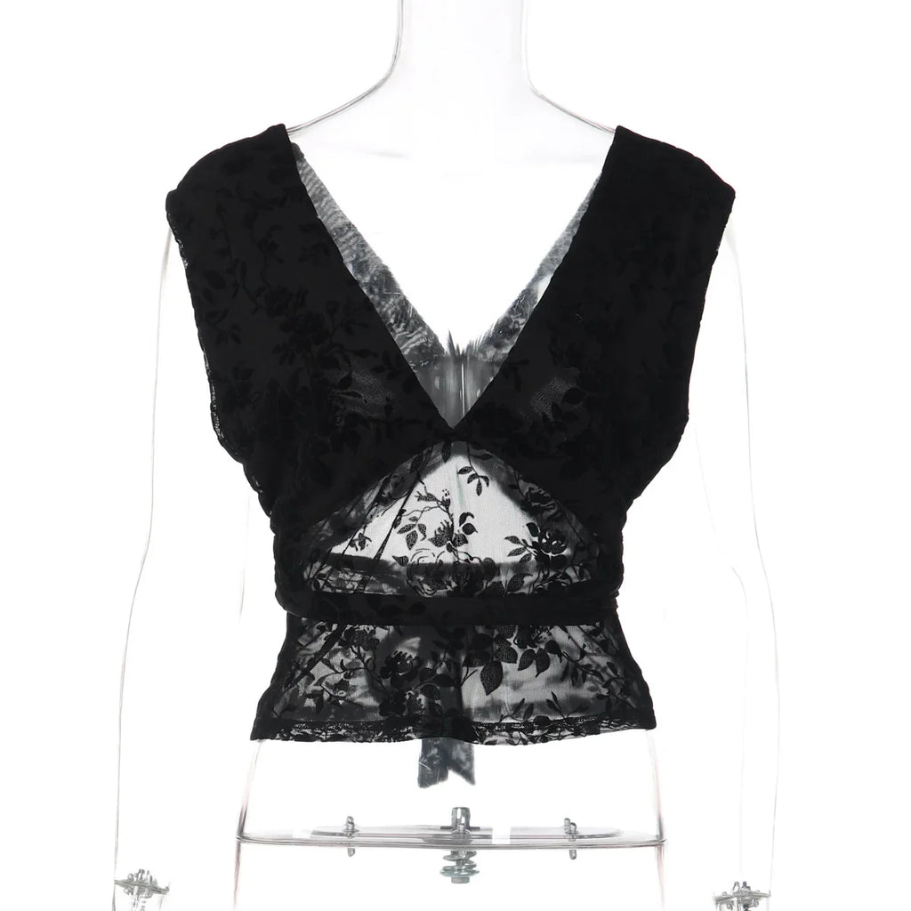 FDYOUI Woman Clothes Elegant Bandage Mesh Corset Tops 2026 Female Halter V-neck Lace-up Tank Top Black T-shirt Y2K Streetwear